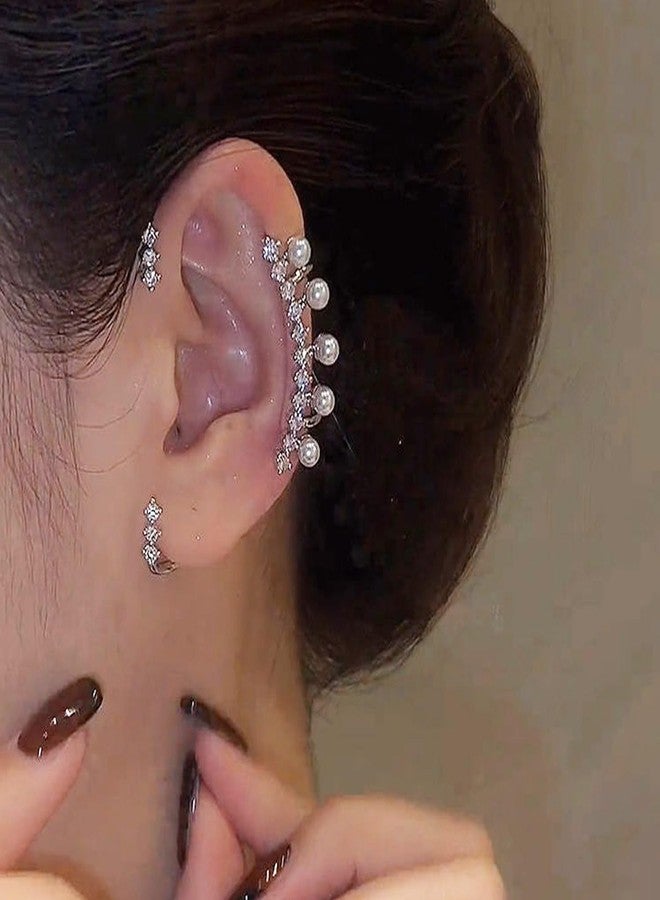 WZNBBOY Sparkling Rhinestone Fairy Pearls Ear Cuff Earrings Crystal Clip Climber Wrap Around Earrings for Women - Image 2